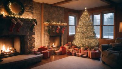 The primary subject of the image is a beautifully decorated Christmas tree, which is placed in a living room. The setting includes a fireplace, a couch, and a pile of presents. The visual style of the image is a photo, capturing the warmth and festivity of the holiday season. The dominant colors in the scene are red, green, and white, creating a cozy and joyful atmosphere.
